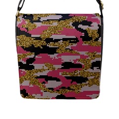 Abstract Glitter Gold, Black And Pink Camo Flap Closure Messenger Bag (l) by AnkouArts