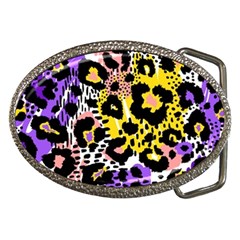 Black Leopard Print With Yellow, Gold, Purple And Pink Belt Buckles