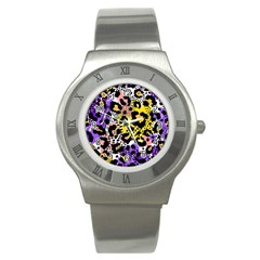 Black Leopard Print With Yellow, Gold, Purple And Pink Stainless Steel Watch by AnkouArts