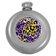 Black Leopard Print With Yellow, Gold, Purple And Pink Round Hip Flask (5 Oz) by AnkouArts