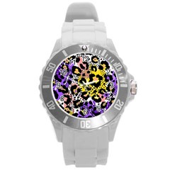 Black Leopard Print With Yellow, Gold, Purple And Pink Round Plastic Sport Watch (l) by AnkouArts