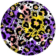 Black Leopard Print With Yellow, Gold, Purple And Pink Wooden Puzzle Round by AnkouArts