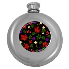 Golden Autumn, Red-yellow Leaves And Flowers  Round Hip Flask (5 Oz) by Daria3107