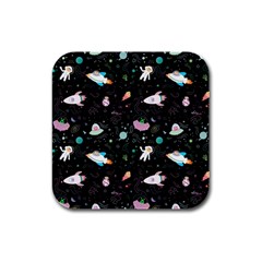 Funny Astronauts, Rockets And Rainbow Space Rubber Square Coaster (4 Pack)  by SychEva