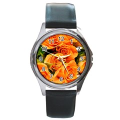 Roses-flowers-orange-roses Round Metal Watch