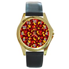 Autumn Pattern,oak And Maple On Burgundy Round Gold Metal Watch by Daria3107