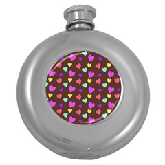 Colorfull Hearts On Choclate Round Hip Flask (5 Oz) by Daria3107