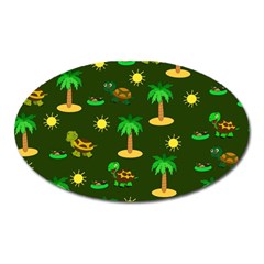 Turtle And Palm On Green Pattern Oval Magnet by Daria3107