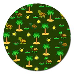 Turtle And Palm On Green Pattern Magnet 5  (round) by Daria3107