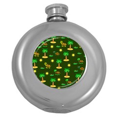 Turtle And Palm On Green Pattern Round Hip Flask (5 Oz) by Daria3107