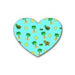 Turtle And Palm On Blue Pattern Heart Coaster (4 Pack)  by Daria3107