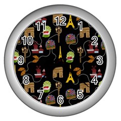 Paris Street Pattern On Black Wall Clock (Silver)