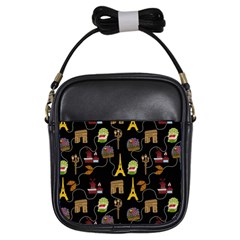 Paris Street Pattern On Black Girls Sling Bag