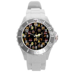 Paris Street Pattern On Black Round Plastic Sport Watch (L)