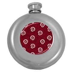 White Skulls On Red Shiny Background Round Hip Flask (5 Oz) by SychEva