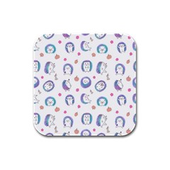 Cute And Funny Purple Hedgehogs On A White Background Rubber Square Coaster (4 pack) 