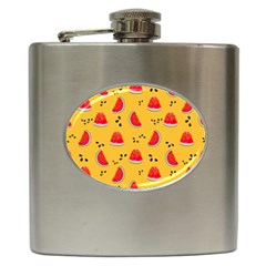 Slices Of Juicy Red Watermelon On A Yellow Background Hip Flask (6 Oz) by SychEva