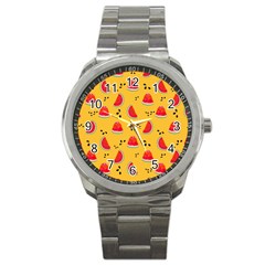 Slices Of Juicy Red Watermelon On A Yellow Background Sport Metal Watch by SychEva