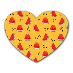 Slices Of Juicy Red Watermelon On A Yellow Background Heart Mousepads by SychEva