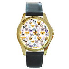 Funny Animal Faces With Glasses On A White Background Round Gold Metal Watch by SychEva