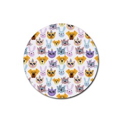 Funny Animal Faces With Glasses On A White Background Rubber Coaster (round)  by SychEva