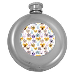 Funny Animal Faces With Glasses On A White Background Round Hip Flask (5 Oz) by SychEva