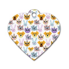 Funny Animal Faces With Glasses On A White Background Dog Tag Heart (one Side)