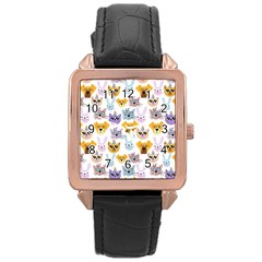 Funny Animal Faces With Glasses On A White Background Rose Gold Leather Watch  by SychEva