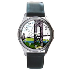 Bridge-vintage-clip-art-color Round Metal Watch by Sudhe