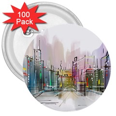 Drawing-watercolor-painting-city 3  Buttons (100 Pack) 