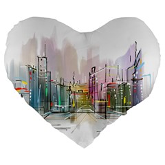 Drawing-watercolor-painting-city Large 19  Premium Flano Heart Shape Cushions