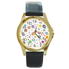 Flower Floral Pattern Round Gold Metal Watch