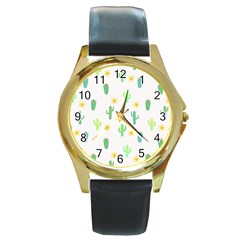 Green Cacti With Sun Round Gold Metal Watch by SychEva
