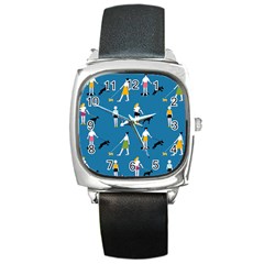 Girls Walk With Their Dogs Square Metal Watch by SychEva