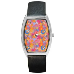 Multicolored Splashes And Watercolor Circles On A Dark Background Barrel Style Metal Watch by SychEva