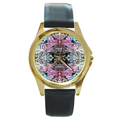 Abstract Waves-mixed Media Round Gold Metal Watch