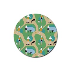 Girls With Dogs For A Walk In The Park Rubber Round Coaster (4 Pack)  by SychEva