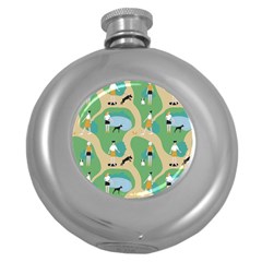 Girls With Dogs For A Walk In The Park Round Hip Flask (5 Oz) by SychEva