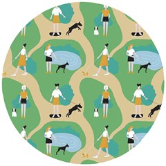 Girls With Dogs For A Walk In The Park Wooden Puzzle Round by SychEva