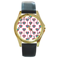 Red Hearts On A White Background Round Gold Metal Watch