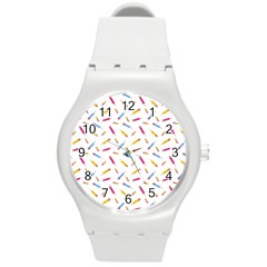 Multicolored Pencils And Erasers Round Plastic Sport Watch (m) by SychEva