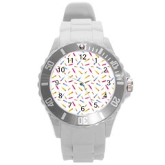 Multicolored Pencils And Erasers Round Plastic Sport Watch (l)