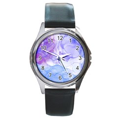 Purple And Blue Alcohol Ink  Round Metal Watch by Dazzleway
