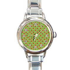 Juicy Slices Of Watermelon On A Green Background Round Italian Charm Watch by SychEva