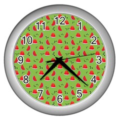 Juicy Slices Of Watermelon On A Green Background Wall Clock (silver)
