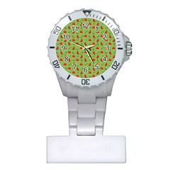 Juicy Slices Of Watermelon On A Green Background Plastic Nurses Watch by SychEva