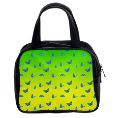 Blue Butterflies At Yellow And Green, Two Color Tone Gradient Classic Handbag (two Sides) by Casemiro