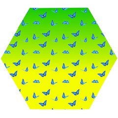 Blue Butterflies At Yellow And Green, Two Color Tone Gradient Wooden Puzzle Hexagon