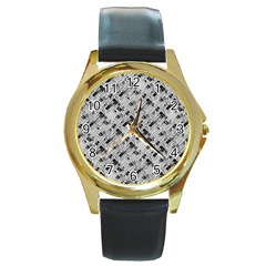 8 Bit Newspaper Pattern, Gazette Collage Black And White Round Gold Metal Watch by Casemiro