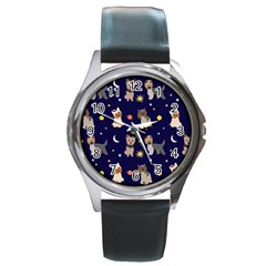 Terrier Cute Dog With Stars Sun And Moon Round Metal Watch by SychEva